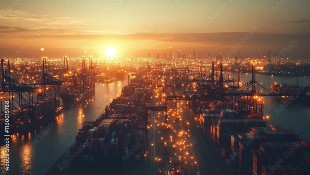 Poster sunset over a busy container port with ships, cranes, and cargo.