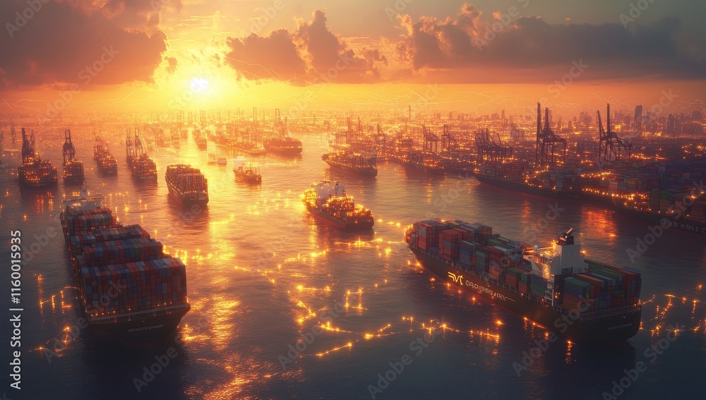 Poster Sunset over a busy container port with numerous cargo ships.