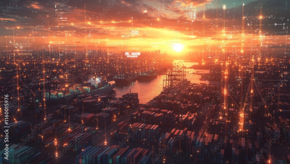 Poster Sunset over a busy port city with digital data streams.