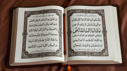 a book with a pen on top of it next to it on a table with a white background and a white surface, Quran, book cover, a 3D render