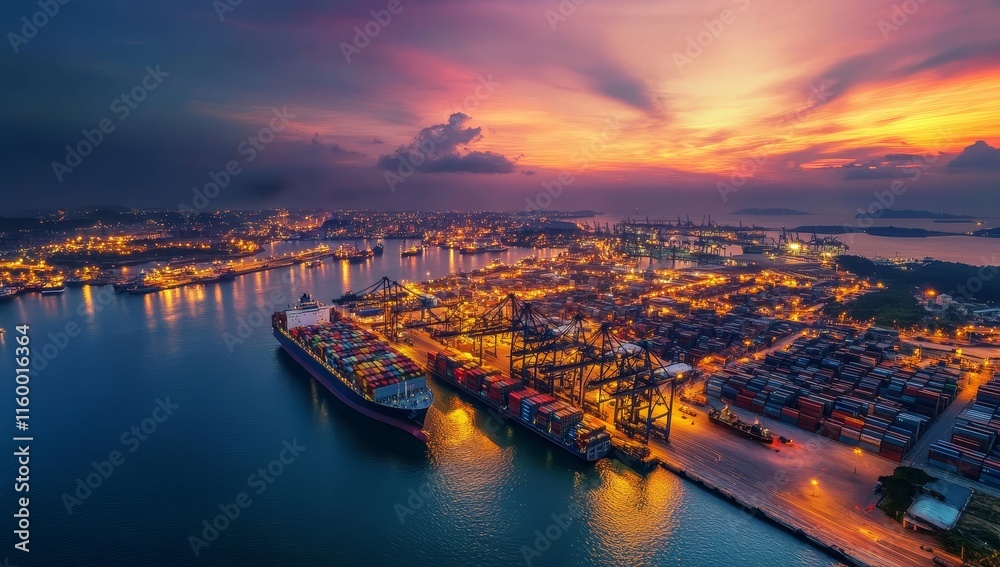 Poster aerial view of a bustling container port at sunset.