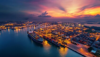 Aerial view of a bustling container port at sunset.