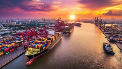 Naklejka premium Container ships at sunset in a busy port.