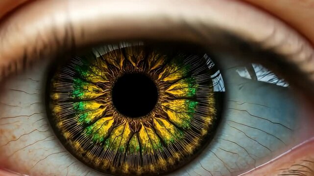 Video footage of close up of a human eye with a vibrant, multicolored iris featuring shades of green, yellow, and brown, and intricate patterns radiating from the pupil