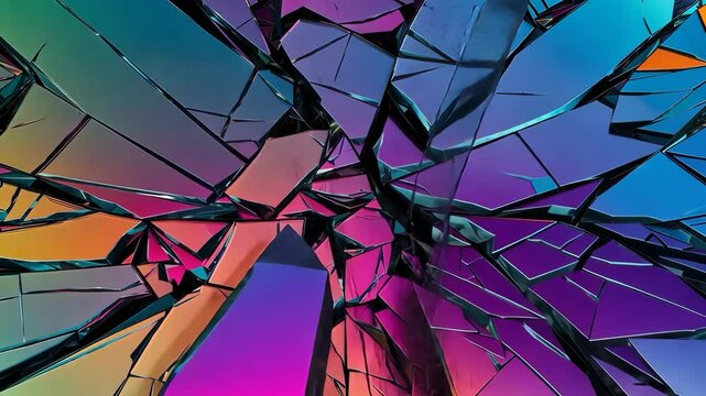 Video footage of vibrant, abstract image of shattered glass with a spectrum of colors reflecting off the fragments, creating a dynamic and visually striking pattern