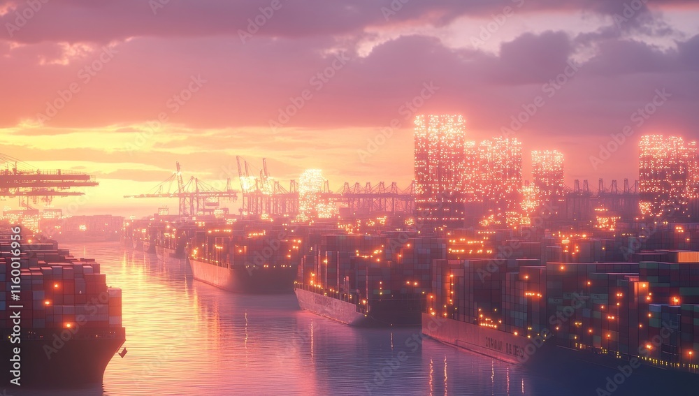 Poster sunset over a busy cargo port with container ships and cranes. (1)