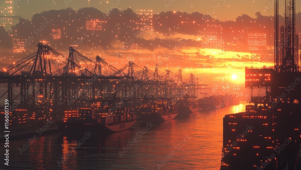 Poster sunset over futuristic harbor with container ships and cranes.
