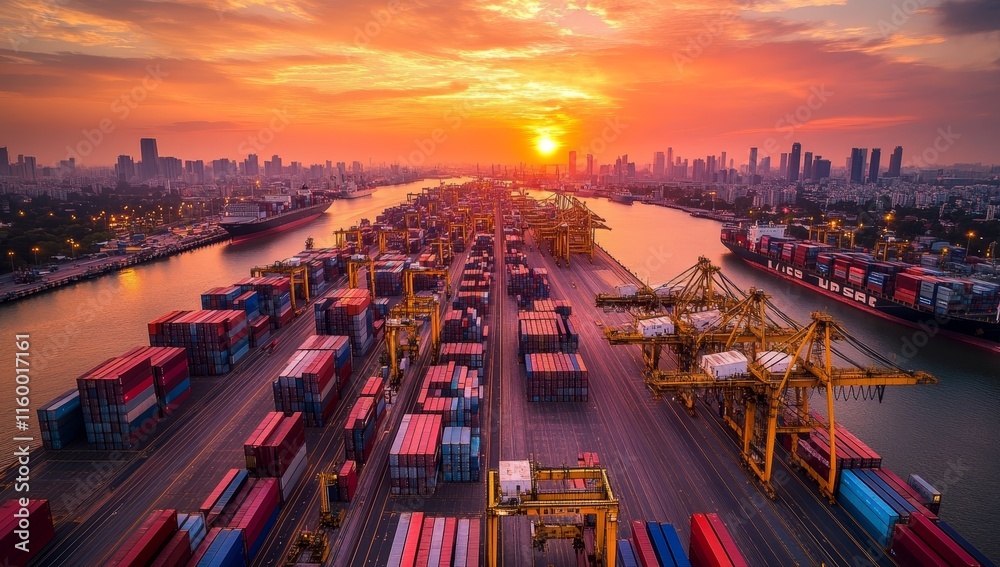 Poster sunset over busy container port with cargo ships and cranes.