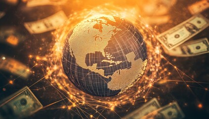 Global finance, money swirling around earth. (1)