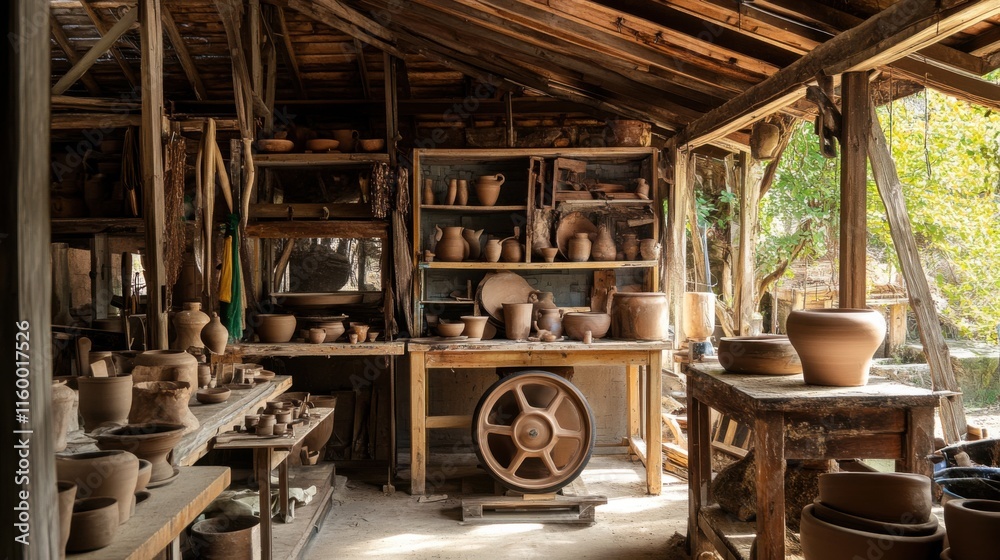Poster a rustic pottery shed with pottery wheels and clay pots, pottery tools and ceramics in progress meti