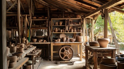 A rustic pottery shed with pottery wheels and clay pots, Pottery tools and ceramics in progress meticulously arranged, Artisanal workshop style