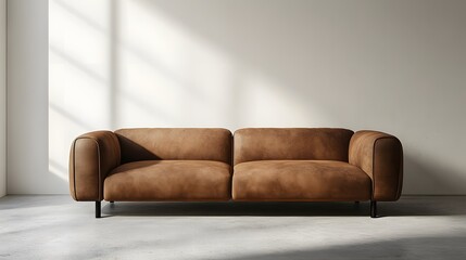 Minimalistic living room with concrete floor and modern sofa backdrop