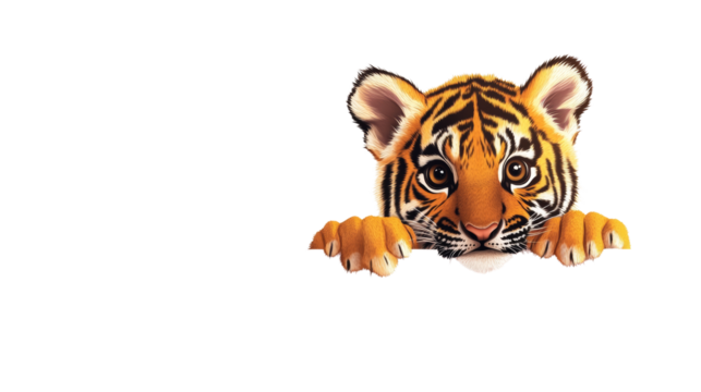 A cute baby tiger cub peeks over blank white sign.