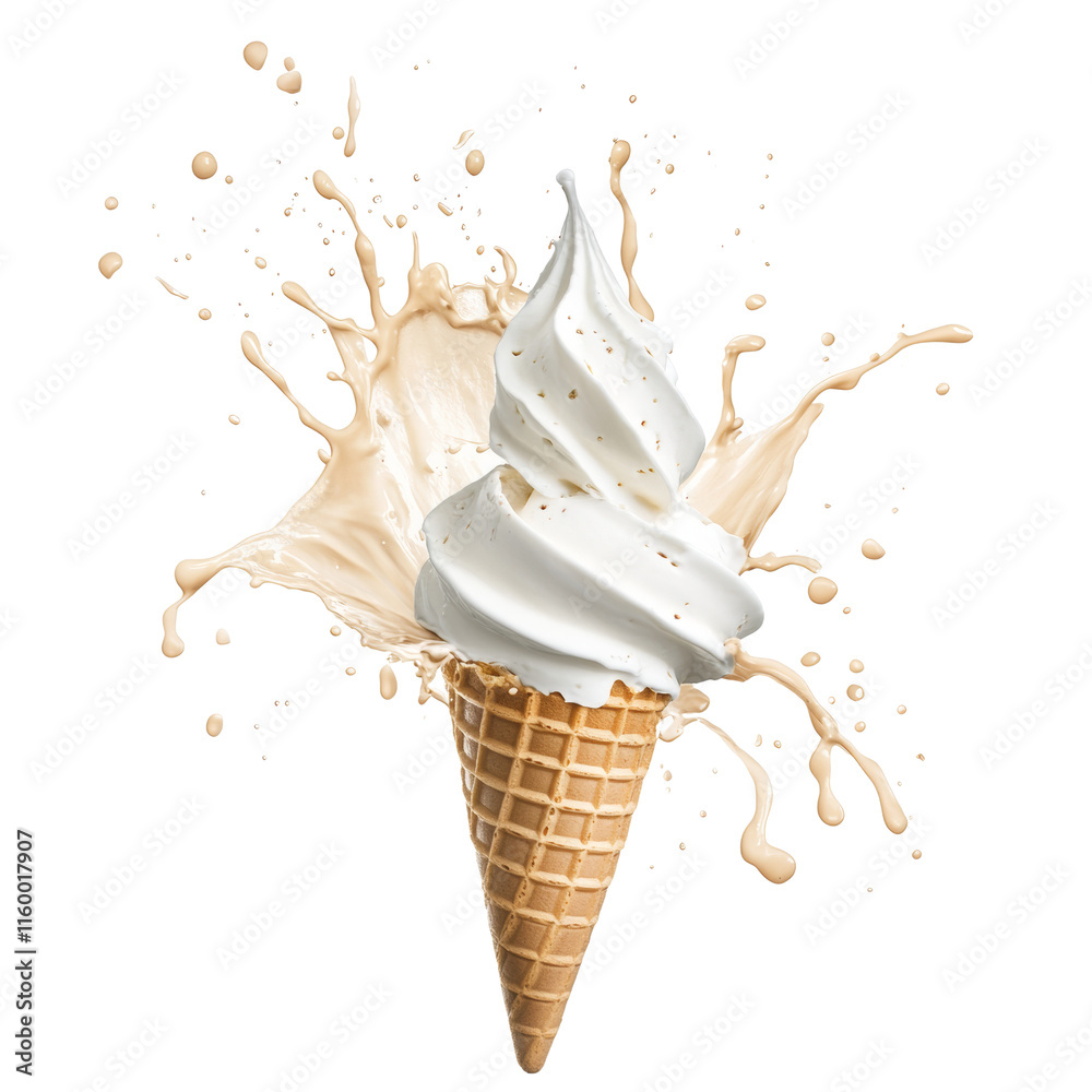 Poster delicious ice cream cone splashing isolated transparent background