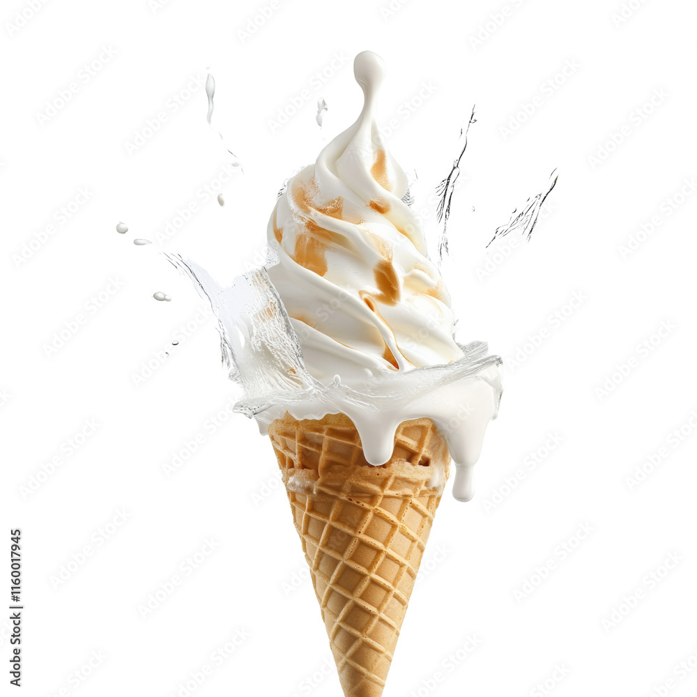 Poster delicious ice cream cone splashing isolated transparent background