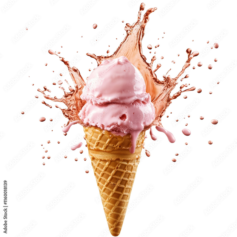 Poster delicious ice cream cone splashing isolated transparent background
