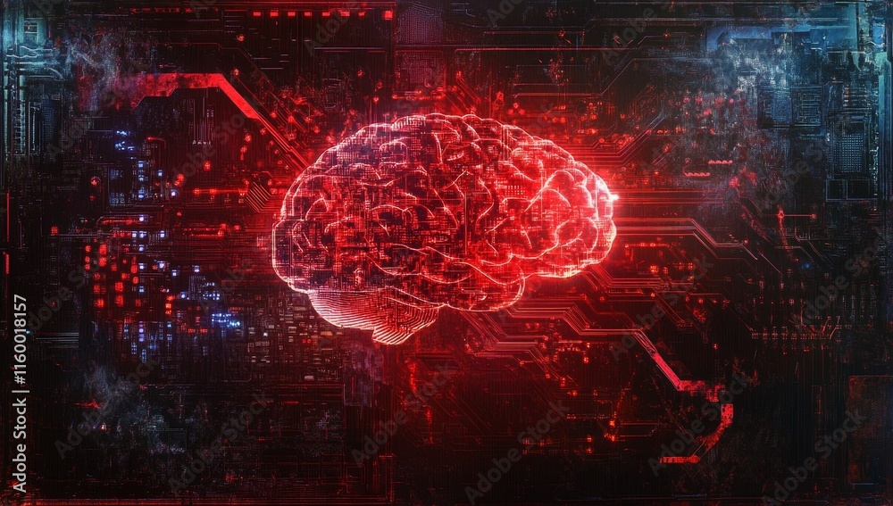 Poster glowing red human brain on a circuit board.
