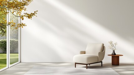 Cozy modern living room with minimalist chair and stylish side table in bright natural light