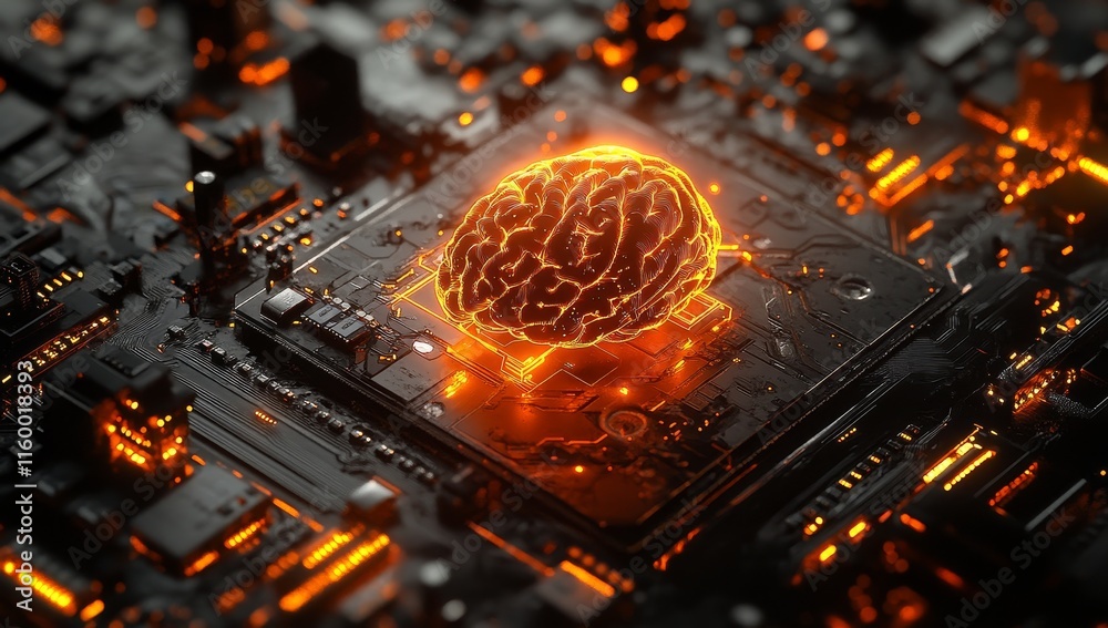 Aufkleber glowing brain on a circuit board, representing ai.