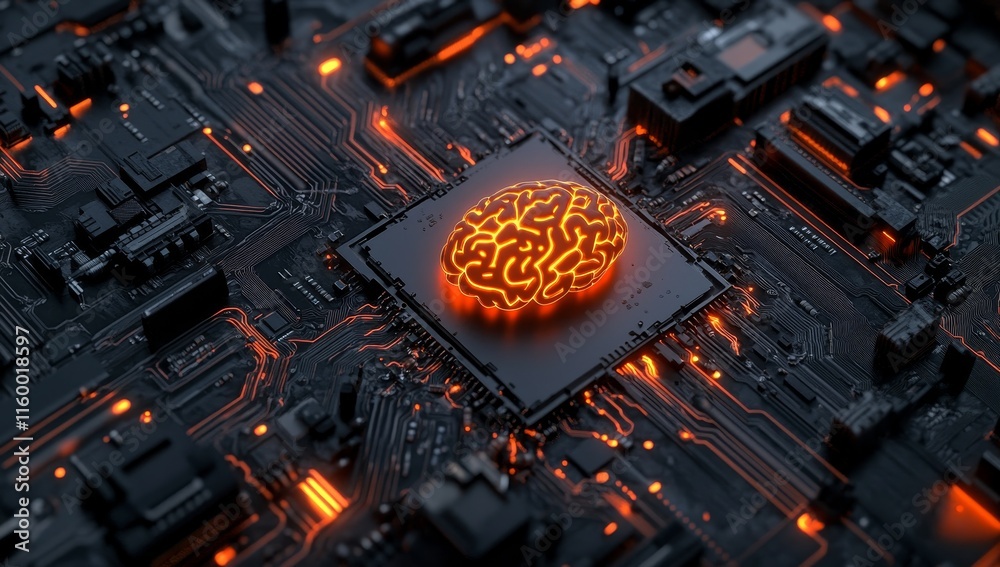 Poster Glowing brain on a computer chip.