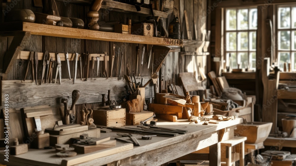 Poster a rustic woodworking workshop with hand tools and woodcraft projects, carpentry tools and wooden scu