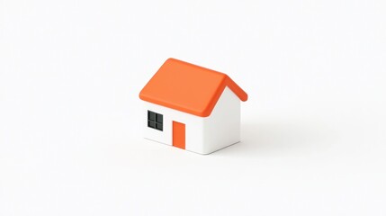 Minimalist 3D render of a small house with orange roof and door.