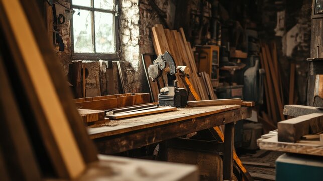 A rustic woodworking workshop with saws and timber, Carpentry equipment and wood pieces meticulously arranged, Vintage artisan style
