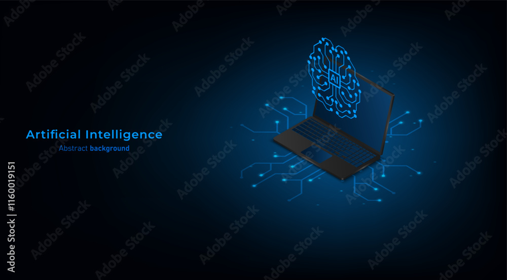 Aufkleber Concept of Artificial intelligence. 3D laptop with ai digital brain.  Isometric technology background. Vector illustration for banner and web template.