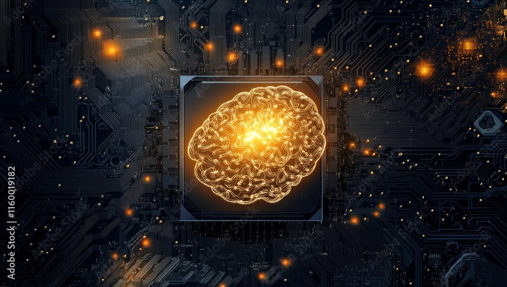 Poster Glowing brain inside a computer chip on a circuit board.