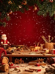 Festive Dragon-Themed Christmas Workshop Scene with Santa, Toys, Borders, and Decorative Elements Amidst a Snowy Atmosphere