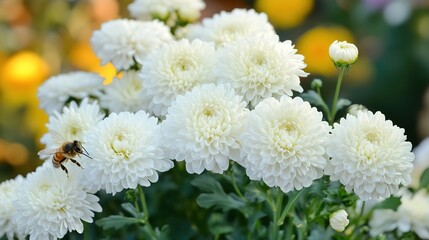 Autumn Garden Delights: A Bee Engaged in Nectar Collection from White Chrysanthemum Flowers