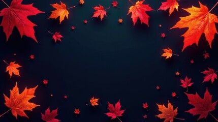 Autumnal Red and Orange Maple Leaves Frame on Dark Background for Seasonal Designs