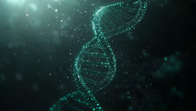 Glowing teal DNA double helix in dark space.