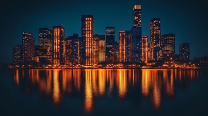 Naklejka premium Illuminated City Skyline Reflected in Water at Night