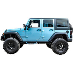 Blue SUV off-road vehicle in PNG style, isolated on transparent background.
