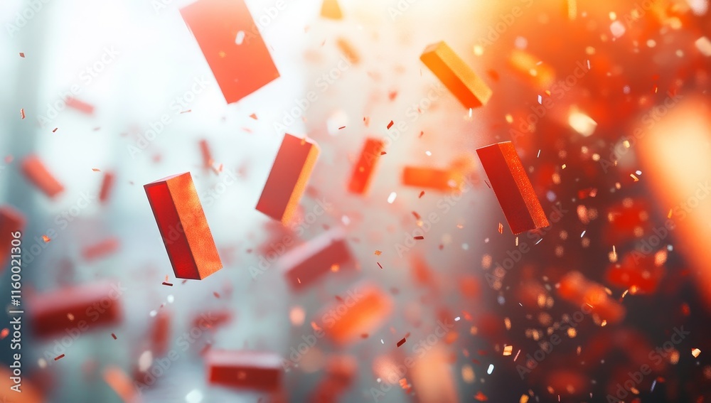 Aufkleber Red confetti and rectangular shapes floating in air, light effect.