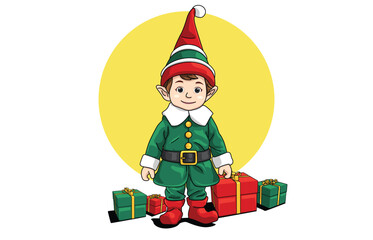 illustration of an adorable Christmas elf wearing a festive green coat with white fur trim, complemented by a black belt and bright red boots and beside him are Christmas presents.