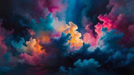Bright, iridescent swirling clouds gather in a mesmerizing dance, against a backdrop of dark shades that range from indigo to midnight blue