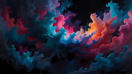 Bright, iridescent swirling clouds gather in a mesmerizing dance, against a backdrop of dark shades that range from indigo to midnight blue