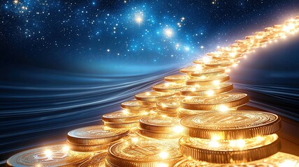 golden coin pathway to wealth, glowing golden coin pathway under stars, mystical golden coin pathway leading to fortune ,mystical golden coin pathway to fortune 