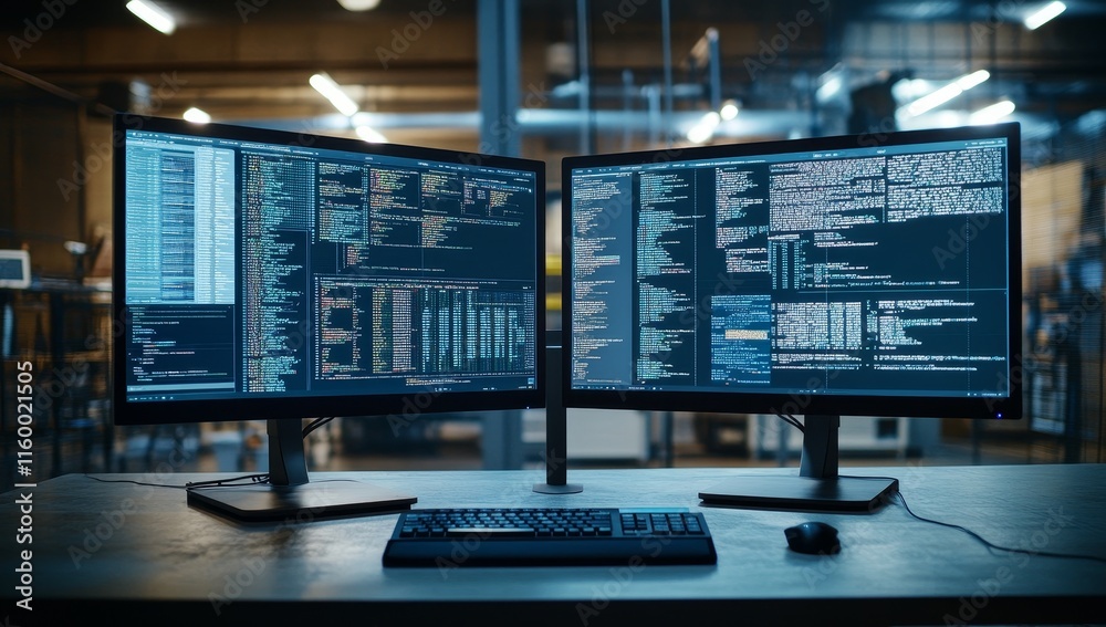 Poster Two monitors displaying code in a workspace.