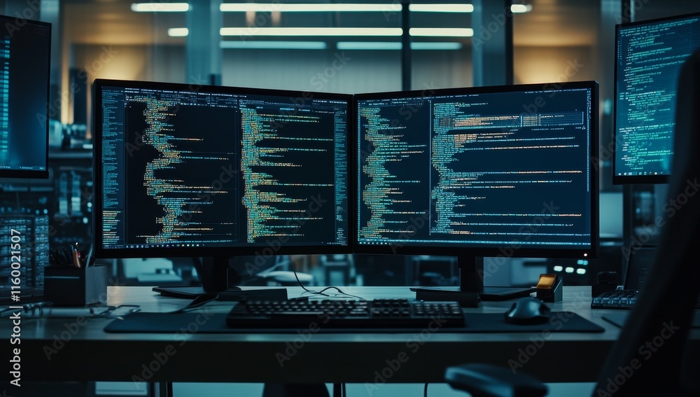 Poster Dark office with programmer's triple monitor setup displaying lines of code.