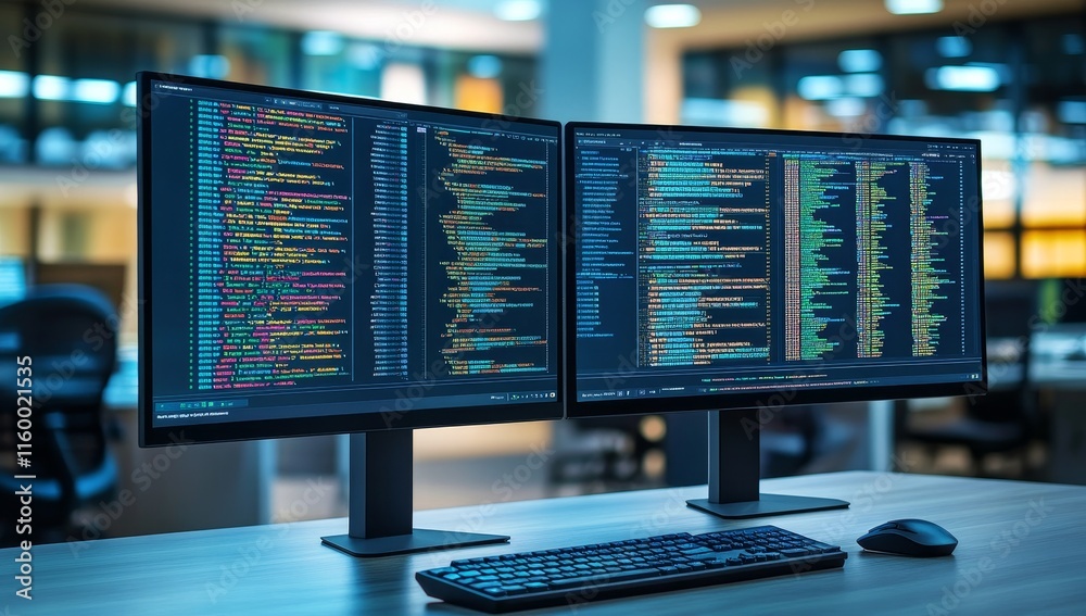Aufkleber Two monitors displaying lines of code in a modern office.