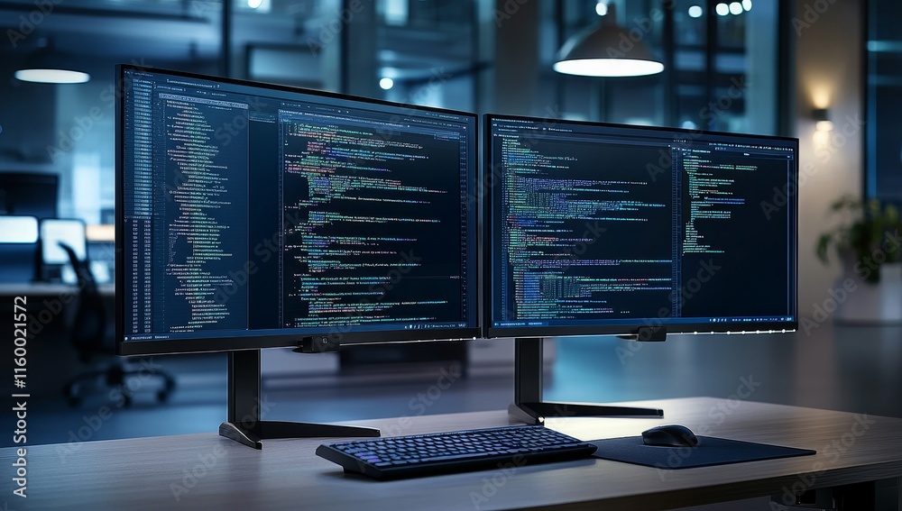 Poster Two monitors displaying code in a dark office.