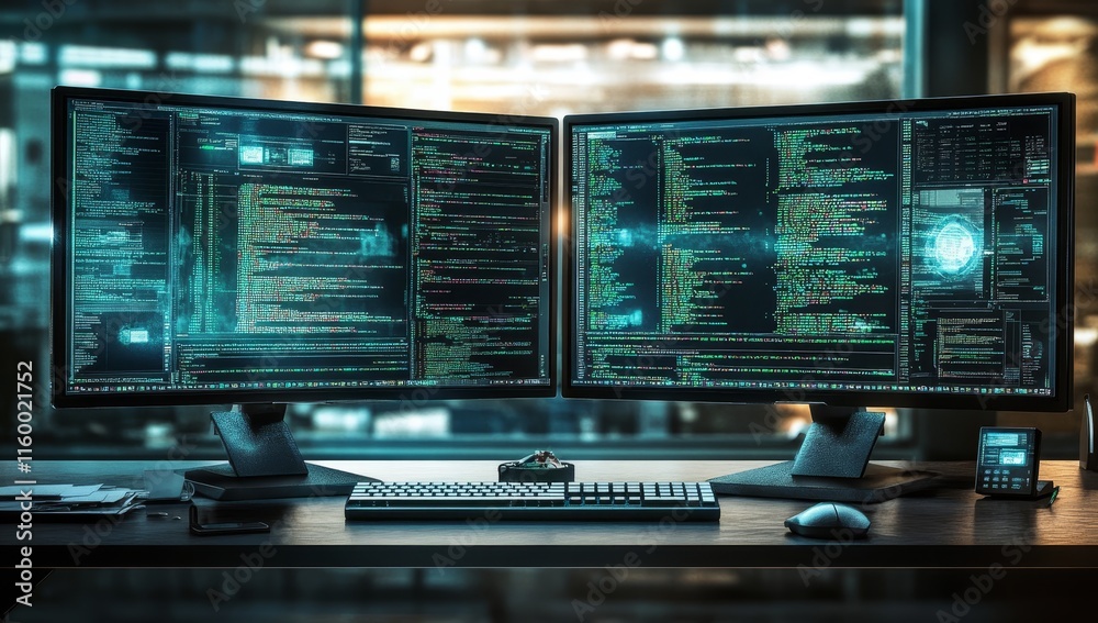 Poster Dual monitors displaying complex code at night.