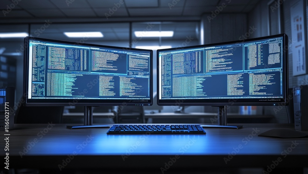 Poster two monitors displaying code in a dark office. (1)