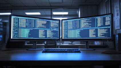 Two monitors displaying code in a dark office. (1)