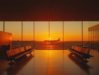 view of an airport runway from inside the terminal, with planes 