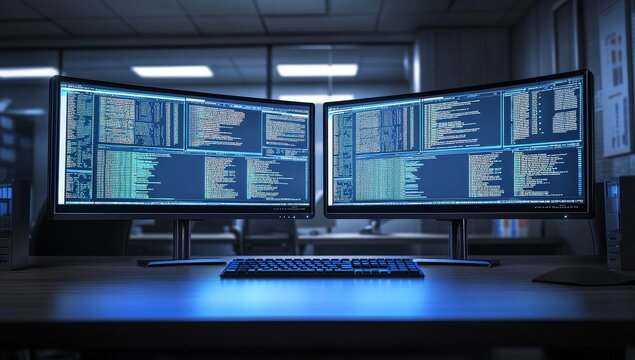 Two monitors displaying code in a dark office. (1) - Powered by Adobe