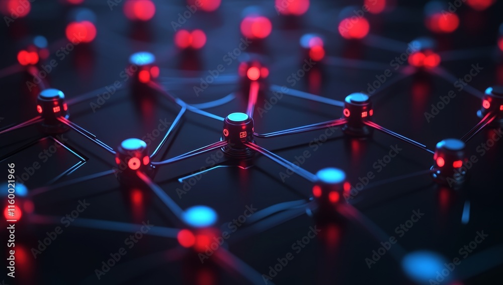 Poster abstract network connection nodes glowing red and blue.